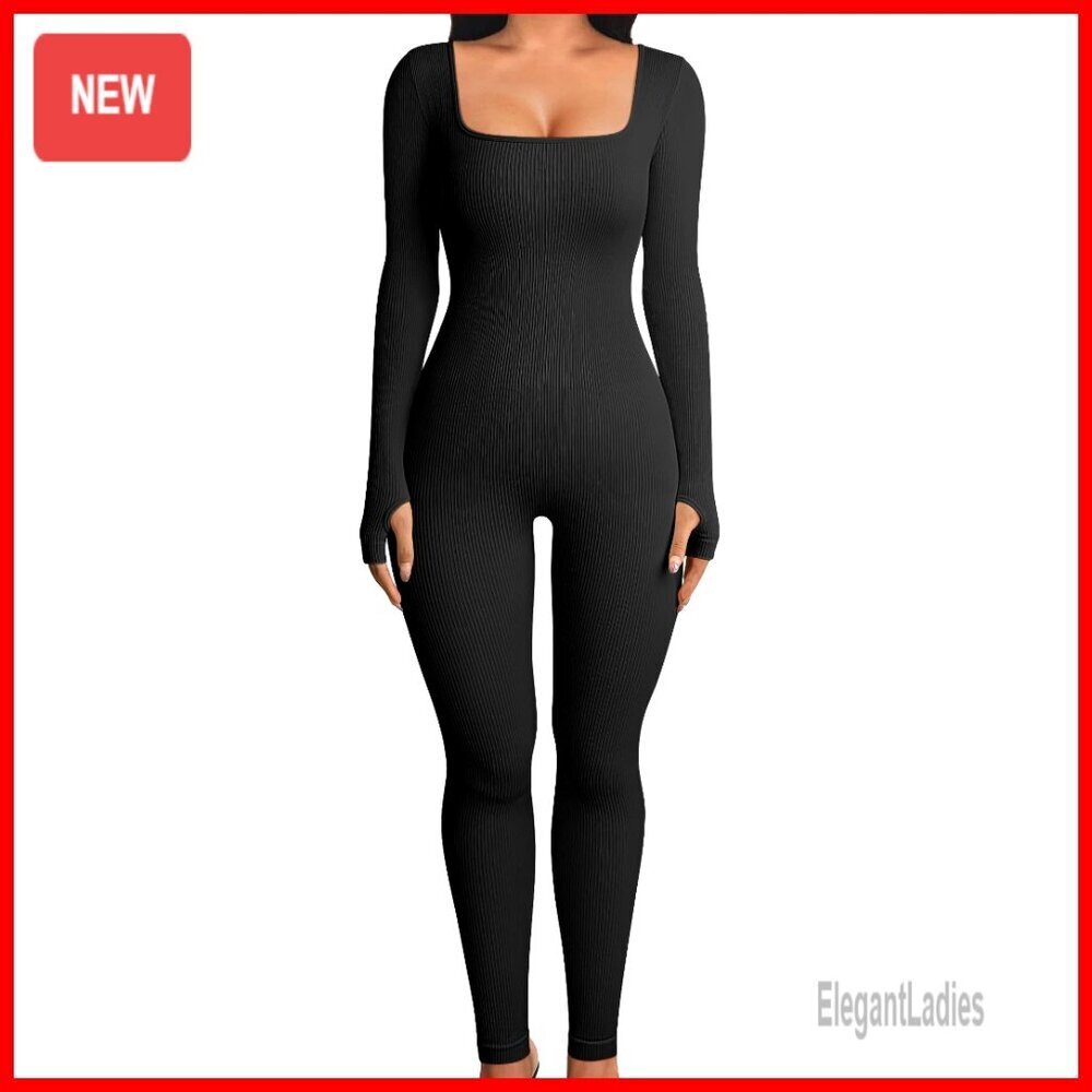 Long Sleeve Ribbed Yoga Jumpsuit Bodysuit Workout Pants One Piece